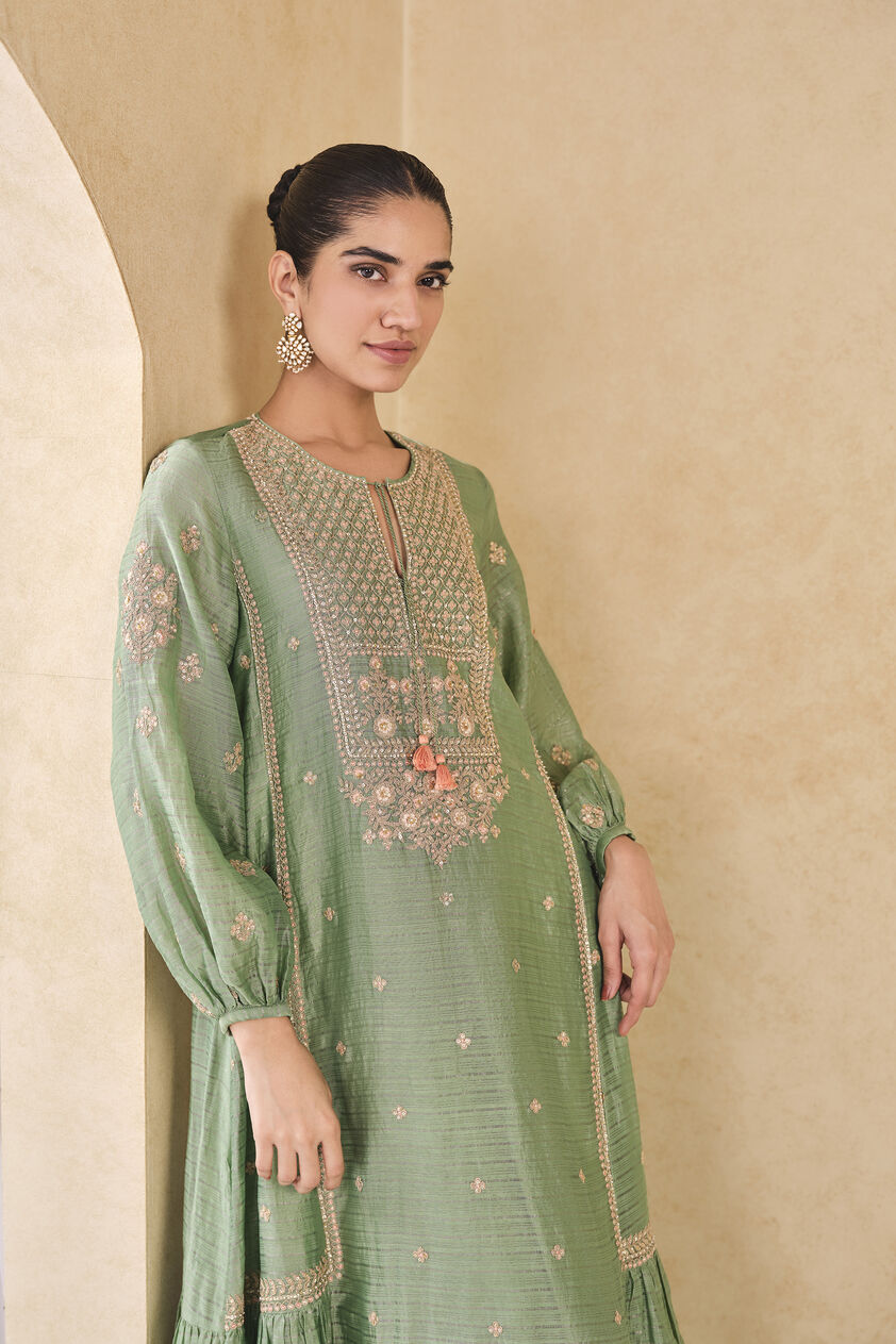 Molopo Embroidered Zardozi Mul Kaftan - Sage, Sage, image 4